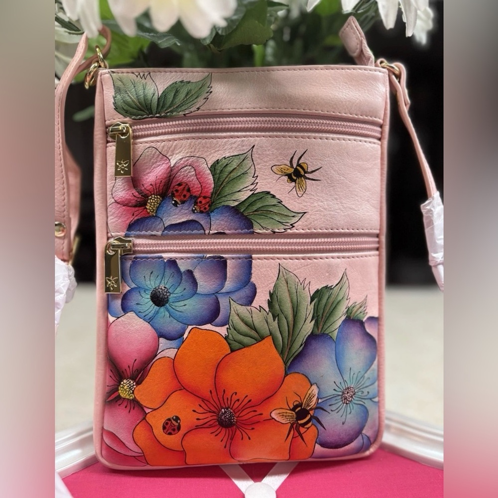 Anuschka Hand Painted Leather Crossbody Bag Brand New Pink Floral Brand NEW